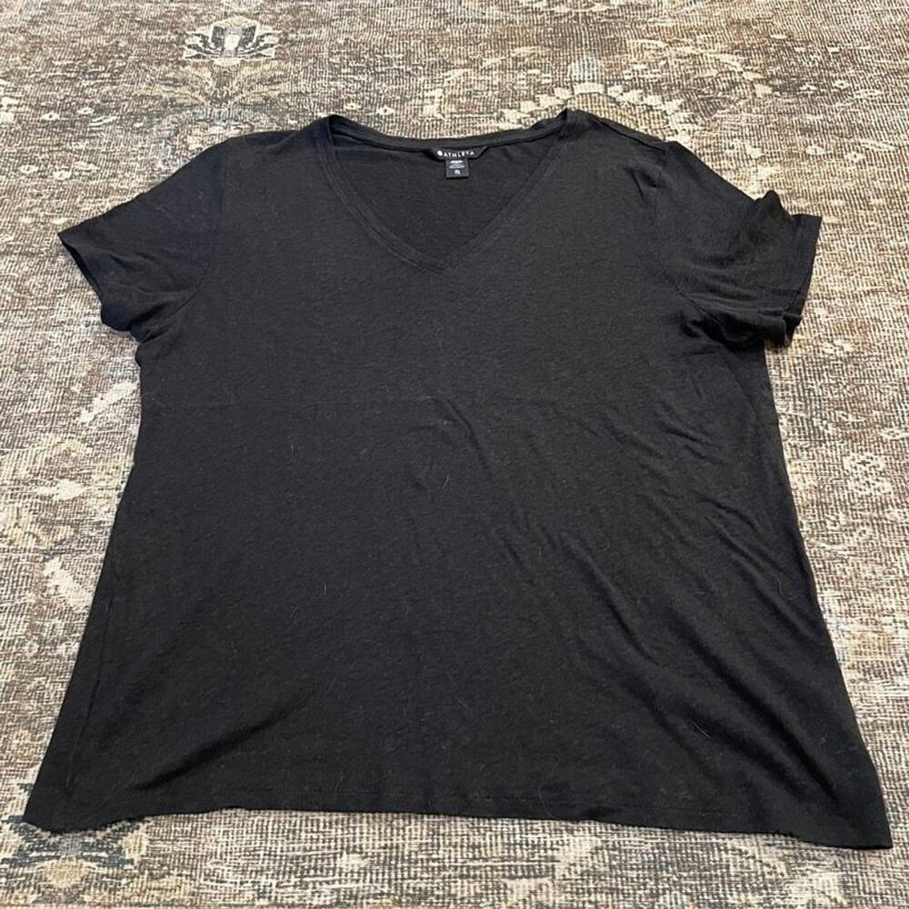 Athleta Black V-Neck Tee Linen Tencel Blend Short Sleeve T-Shirt Women's XL